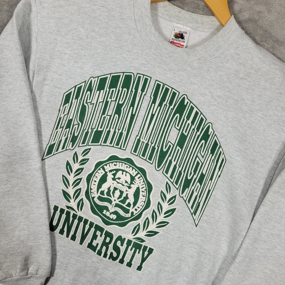 Vintage 90s Eastern Michigan University Sweatshirt Mens Large Gray Green